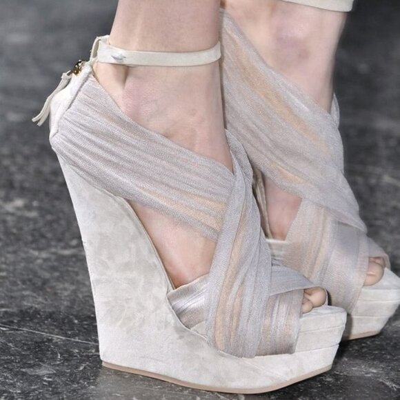 Givenchy runway jersey bandage wrap suede peep toe platform chunky wedge sandal - Picture 2 of 11